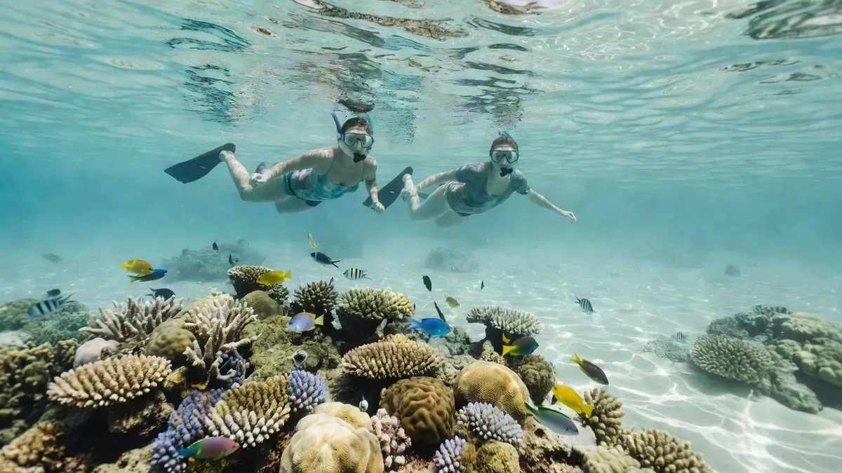 Snorkelers drifting over a BVI coral reef on a private snorkeling in Tortola BVI charter, British Virgin Islands coastline in the background