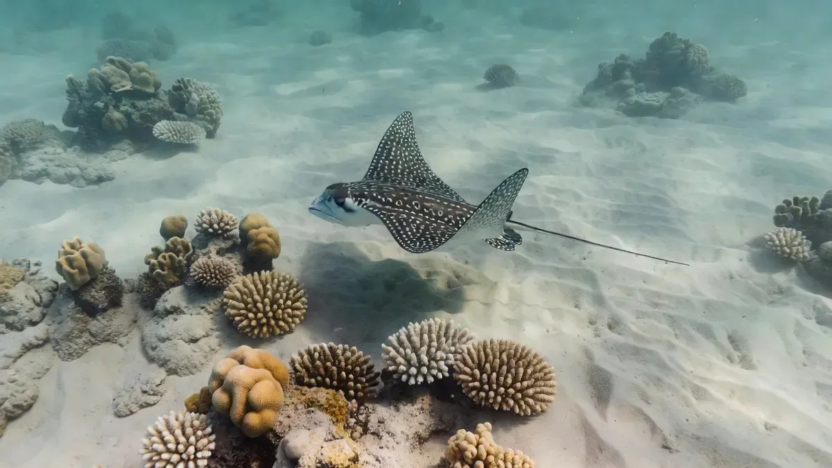 Spotted eagle rays gliding over coral at Cistern Point on Cooper Island — one of the most reliable snorkeling spots in Tortola BVI for eagle rays and sea turtles