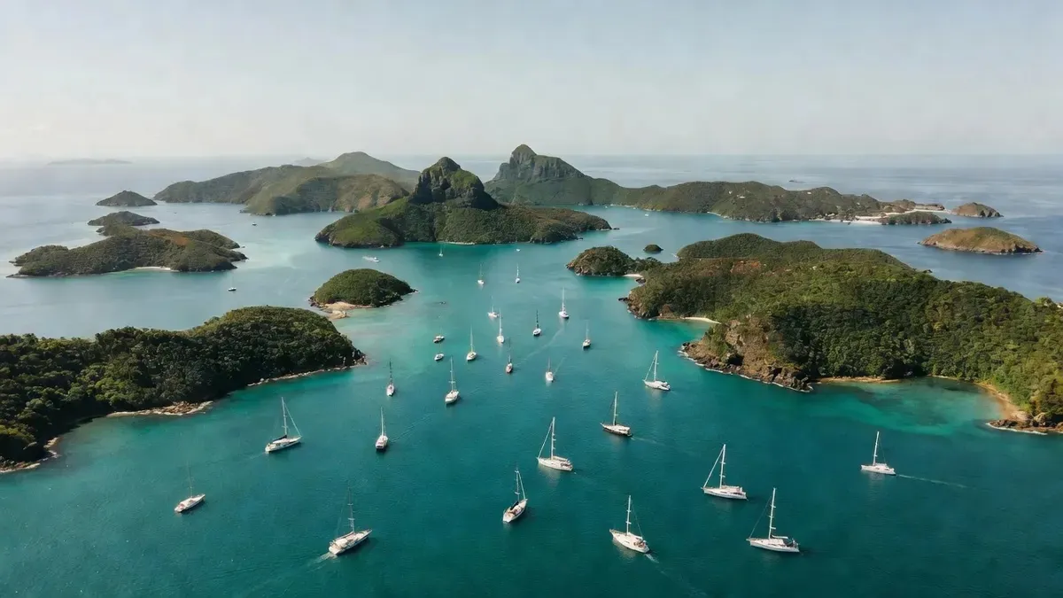 Private BVI charter anchored in calm turquoise water between islands on a snorkeling in Tortola BVI day trip — clear blue sea and the British Virgin Islands coastline